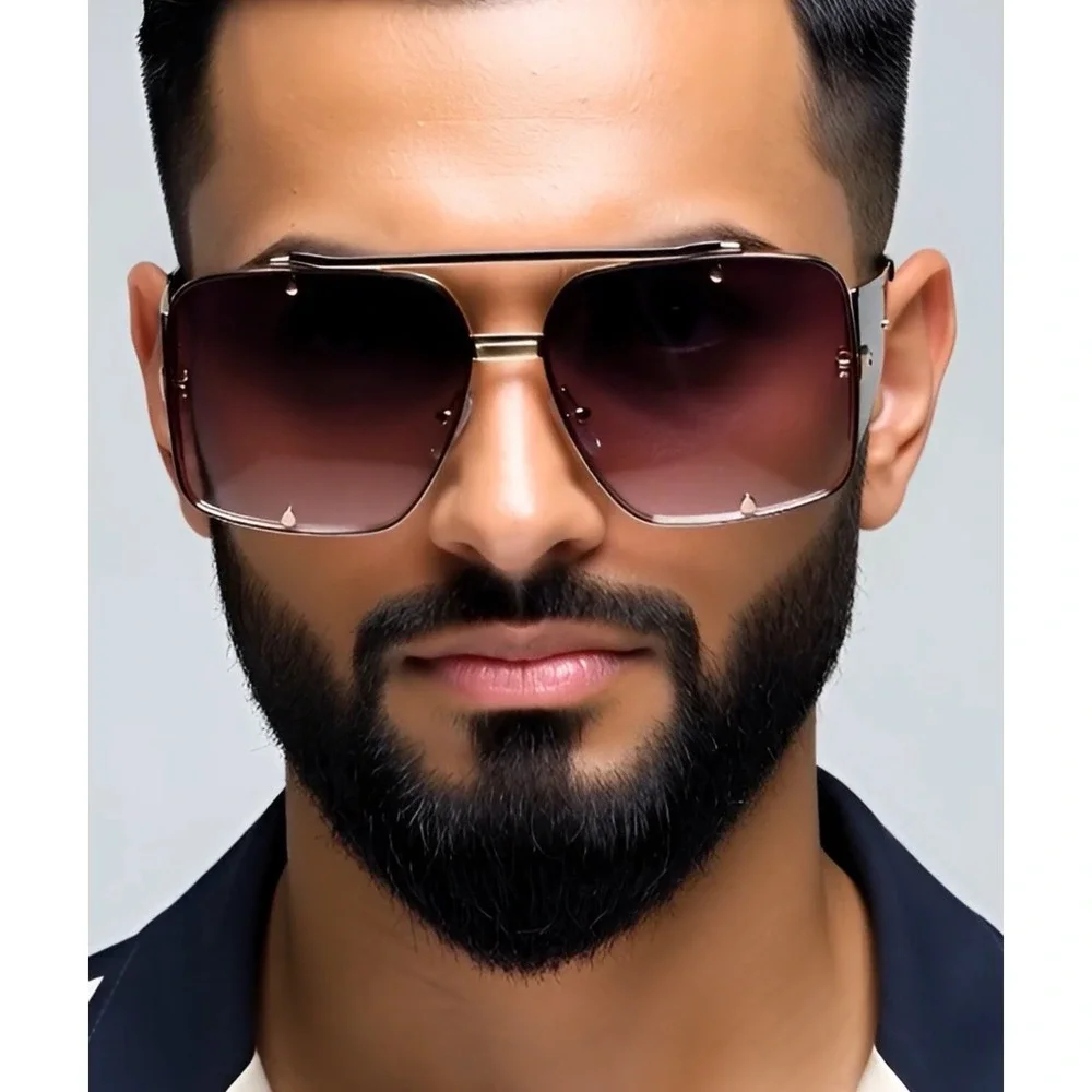 Mens Oversized Square Shield Sunglasses Gradient‎ Lens Gold Frame Lentes Gafas